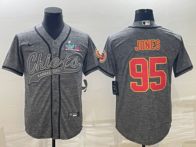 Men's Kansas City Chiefs #95 Chris Jones Grey With Super Bowl LVII Patch Cool Base Stitched Baseball Jersey